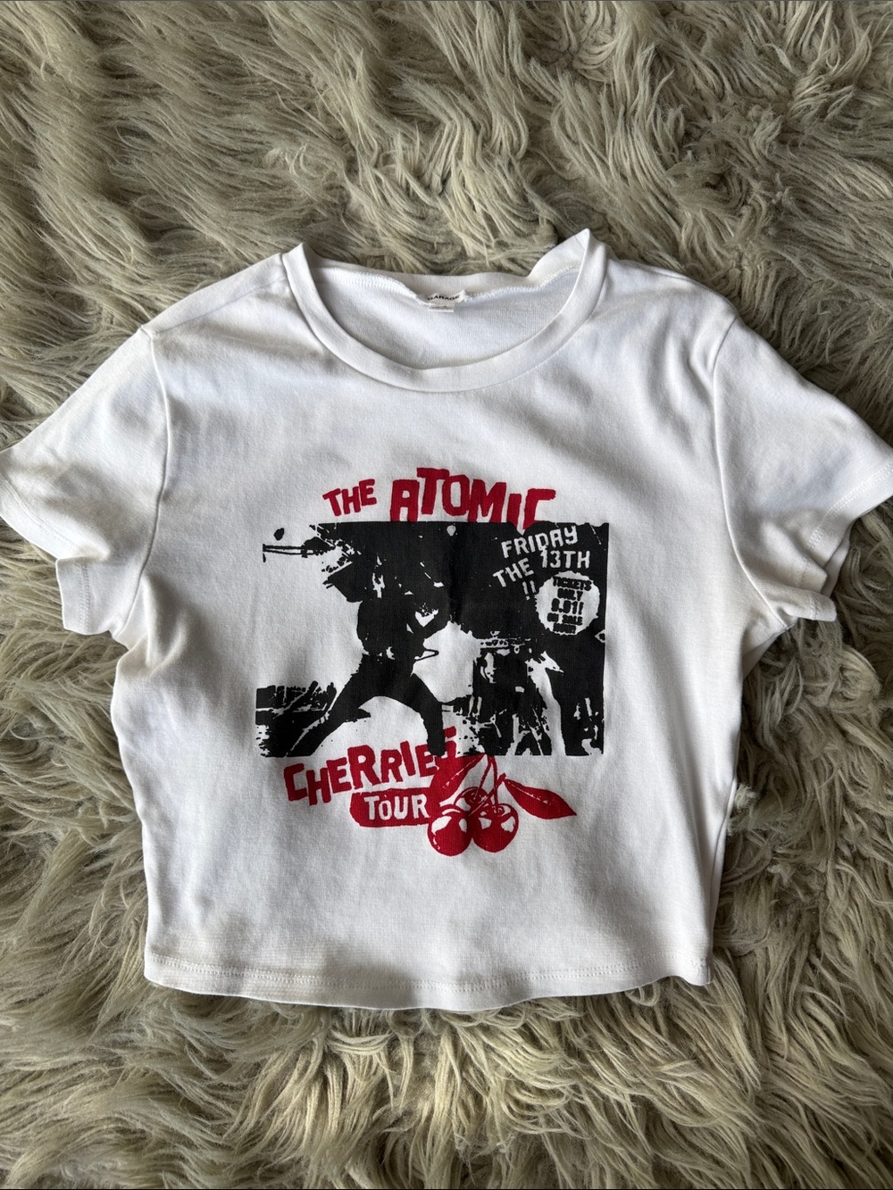 Garage Size Small White Crop Tee with Black & Red Graphic